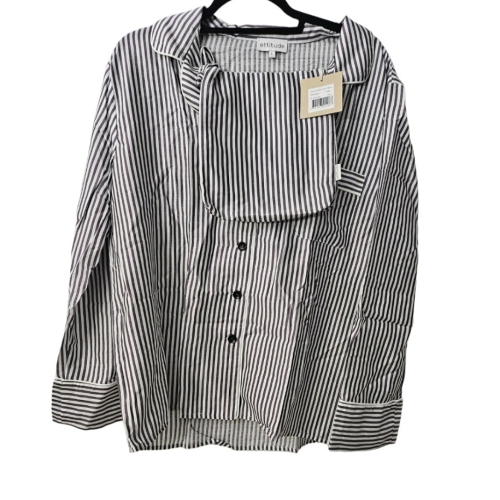 Ettitude sateen Slate gray & white long sleeve striped pj shirt & gift bag NWT